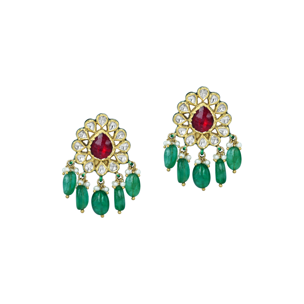 Red Gemstone Earrings with Polkis and Emerald Drops